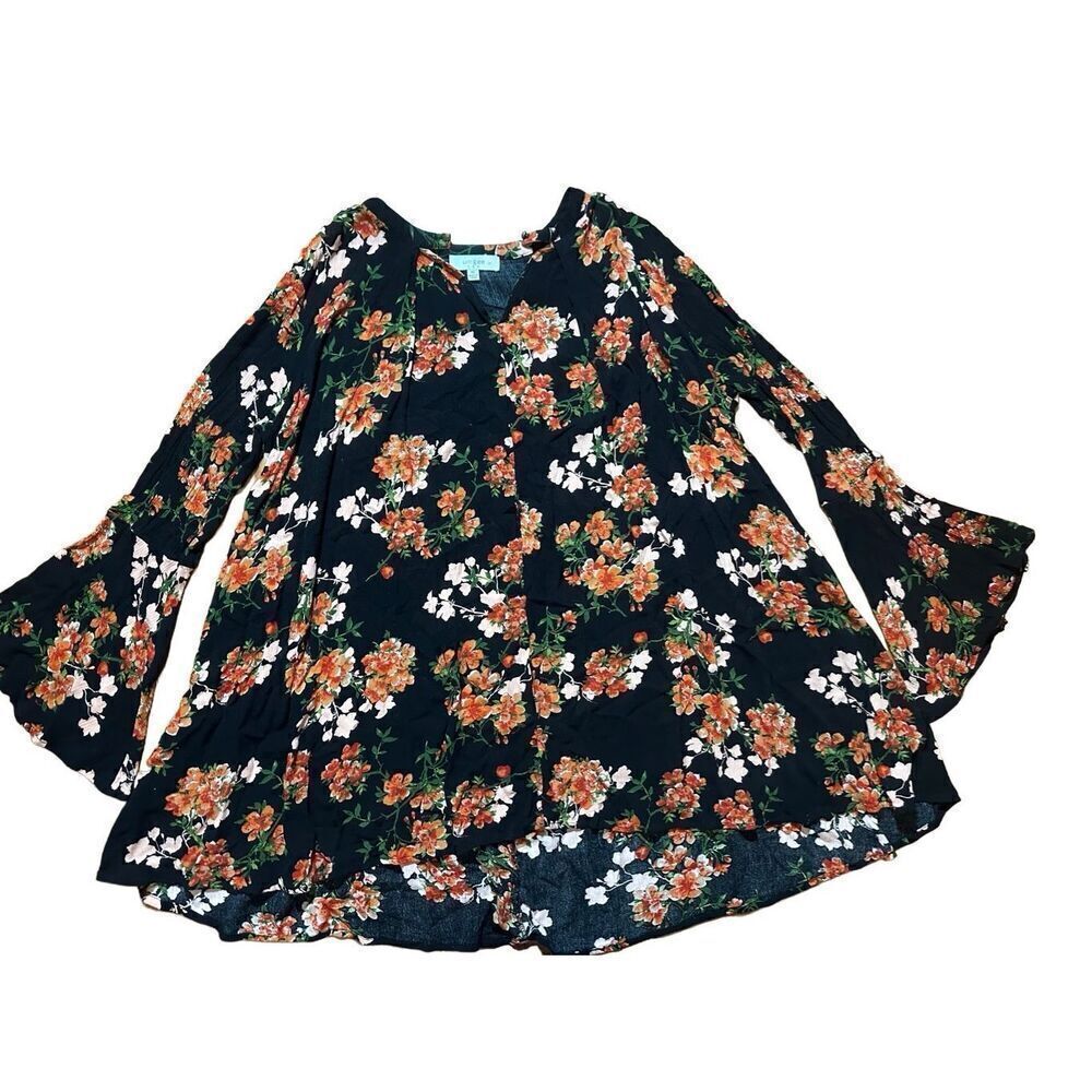 Umgee black‎ red floral tunic bell sleeves cottagecore sz XL